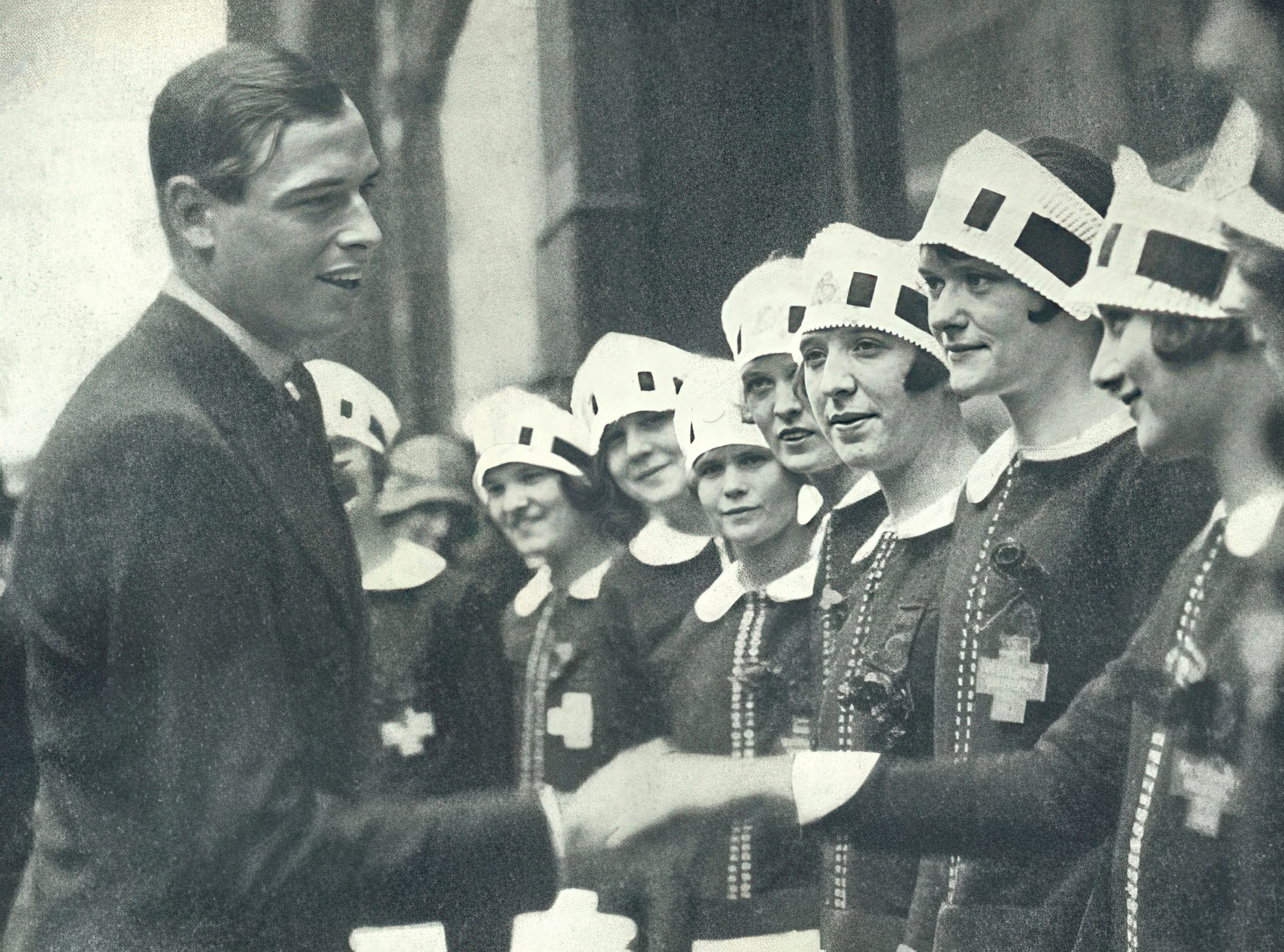Nippies officially greeting Prince George during a fund raising for St. Georges Hospital on 23 April 1928
(Read Rose of St. George)