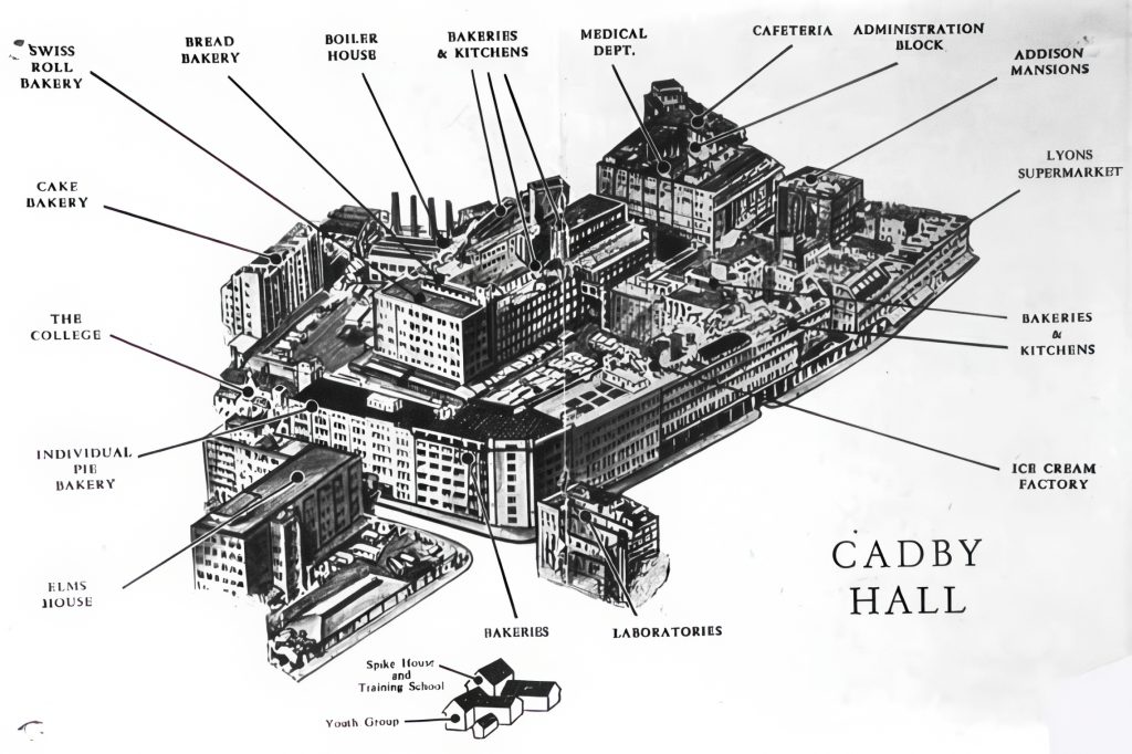 Illustrated aerial view of Cadby Hall with its buildings labelled